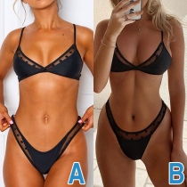 Sexy Low-waist Gauze Spliced Solid Color Bikini Set