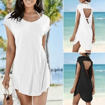 Sexy Backless Short Sleeve V-neck Irregular Hem Solid Color Dress