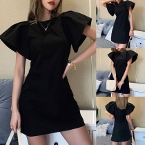 Elegant Solid Color Lotus Sleeve Round Neck Slim Fit Dress