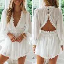 Sexy Backless V-neck Long Sleeve High Waist Ruffle Romper