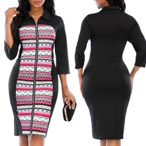Fashion 3/4 Sleeve POLO Collar Printed Spliced Slim Fit Dress
