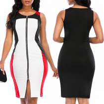 Fashion Contrast Color Sleeveless Round Neck Front-zipper Slim Fit Dress