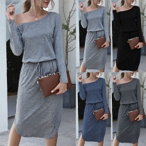 Sexy Oblique Shoulder Long Sleeve Drawstring Waist Solid Color Dress