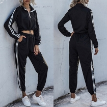 Fashion Striped Spliced Long Sleeve Sports Sweatshirt Suit