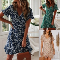 Fashion Short Sleeve V-neck Ruffle Hem Printed Dress