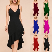 Sexy Backless V-neck Irregular Ruffle Hem Solid Color Sling Dress