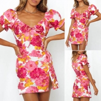 Sexy V-neck Slit Hem Short Sleeve Slim Fit Printed Dress