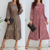 Fashion Lantern Sleeve Round Neck High Waist Printed Dress