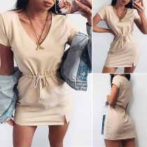 Fashion Solid Color Short Sleeve V-neck Drawstring Waist Dress