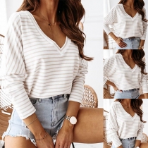 Fashion Long Sleeve V-neck Striped T-shirt