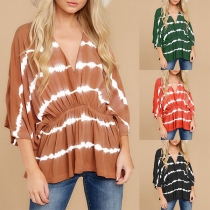 Fashion Tie-dye Printed Dolman Sleeve V-neck Top