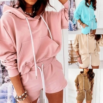 Fashion Solid Color Long Sleeve Hooded Sweatshirt + Shorts Two-piece Set