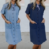 Fashion Short Sleeve POLO Collar Single-breasted Mini Dress