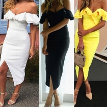 Sexy Off-shoulder Boat Neck Slit Hem Solid Color Slim Fit Ruffle Dress