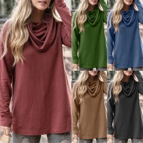 Fashion Solid Color Long Sleeve Cowl Neck Loose T-shirt