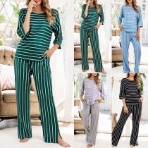 Fashion 3/4 Sleeve Round Neck Striped T-shirt + Pants Two-piece Set