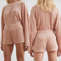 Fashion Solid Color Long Sleeve Round Neck Top + Shorts Two-piece Set