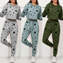 Fashion Star Printed Long Sleeve Hooded Sweatshirt + Pants Two-piece Set