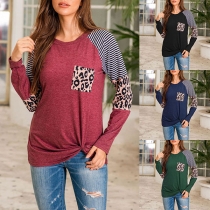 Fashion Leopard Striped Spliced Long Sleeve Twisted Hem T-shirt
