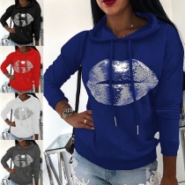 Fashion Sequin Lip Pattern Long Sleeve Hooded Sweatshirt