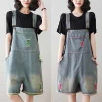 Fashion High Waist Lips Printed Ripped Denim Overalls Shorts