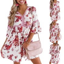 Fashion 3/4 Trumpet Sleeve V-neck Lace Spliced Printed Dress