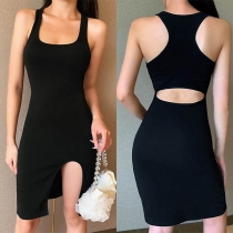 Sexy Slit Hem Sleeveless U-neck Solid Color Slim Fit Tank Dress