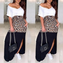 Fashion Short Sleeve V-neck Slit Hem Leopard Spliced Dress
