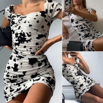 Sexy Short Sleeve Square Collar Slim Fit Printed Dress