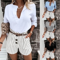 Fashion Solid Color Long Sleeve Stand Collar Blouse