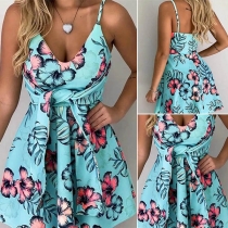 Sexy Backless V-neck High Waist Printed Sling Dress
