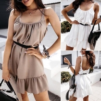 Sexy Backless Ruffle Hem Solid Color Sling Dress