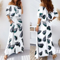 Sexy Off-shoulder Boat Neck Short Sleeve High Waist Printed Maxi Dress