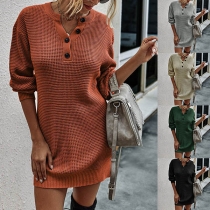 Fashion Solid Color Long Sleeve Round Neck Slim Fit Sweater Dress