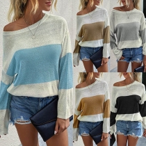 Fashion Contrast Color Long Sleeve Round Neck Knit Top