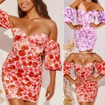 Sexy Off-shoulder Puff Sleeve Slim Fit Printed Dress
