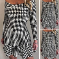 Sexy Off-shoulder Long Sleeve Ruffle Hem Slim Fit Houndstooth Dress