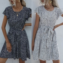 Sweet Style Lotus Sleeve Round Neck Dots Printed Dress