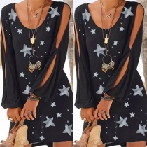 Sexy Slit Long Sleeve Round Neck Star Printed Dress
