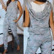 Fashion Sleeveless Hooded Tie-dye Printed Top + Pants Two-piece Set