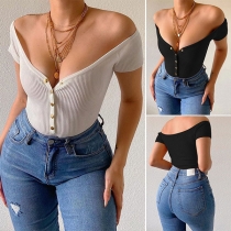 Sexy Off-shoulder V-neck Short Sleeve Front-button Crop Top