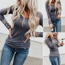 Fashion Printed Spliced Long Sleeve Round Neck Slim Fit T-shirt