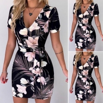 Sexy V-neck Short Sleeve Slim Fit Printed Dress