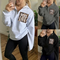 Fashion Leopard Spliced Long Sleeve Stand Collar Sweatshirt
