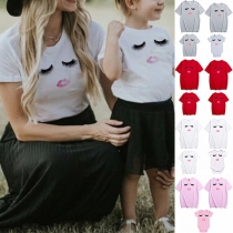 Cute Eyelash Printed Short Sleeve Round Neck Parent-child T-shirt
