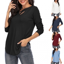 Fashion Solid Color Long Sleeve V-neck T-shirt