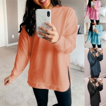 Fashion Solid Color Long Sleeve Round Neck Slit Hem Sweatshirt