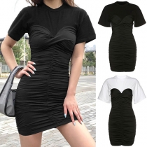 Fashion Contrast Color Short Sleeve Round Neck Slim Fit Wrinkled Dress