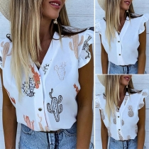 Fashion Lotus Sleeve V-neck Printed Top
