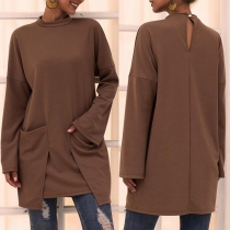 Fashion Solid Color Long Sleeve Mock Neck Front-pocket Top
